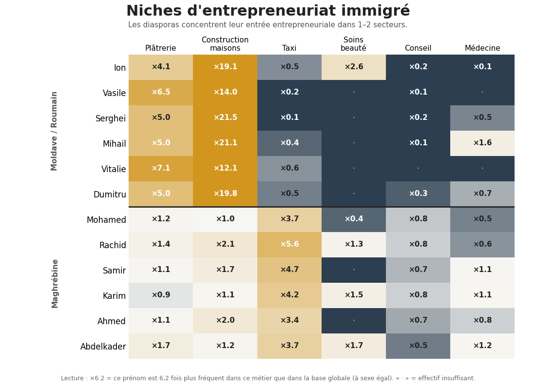 Heatmap : 12 prénoms de deux diasporas × 6 métiers